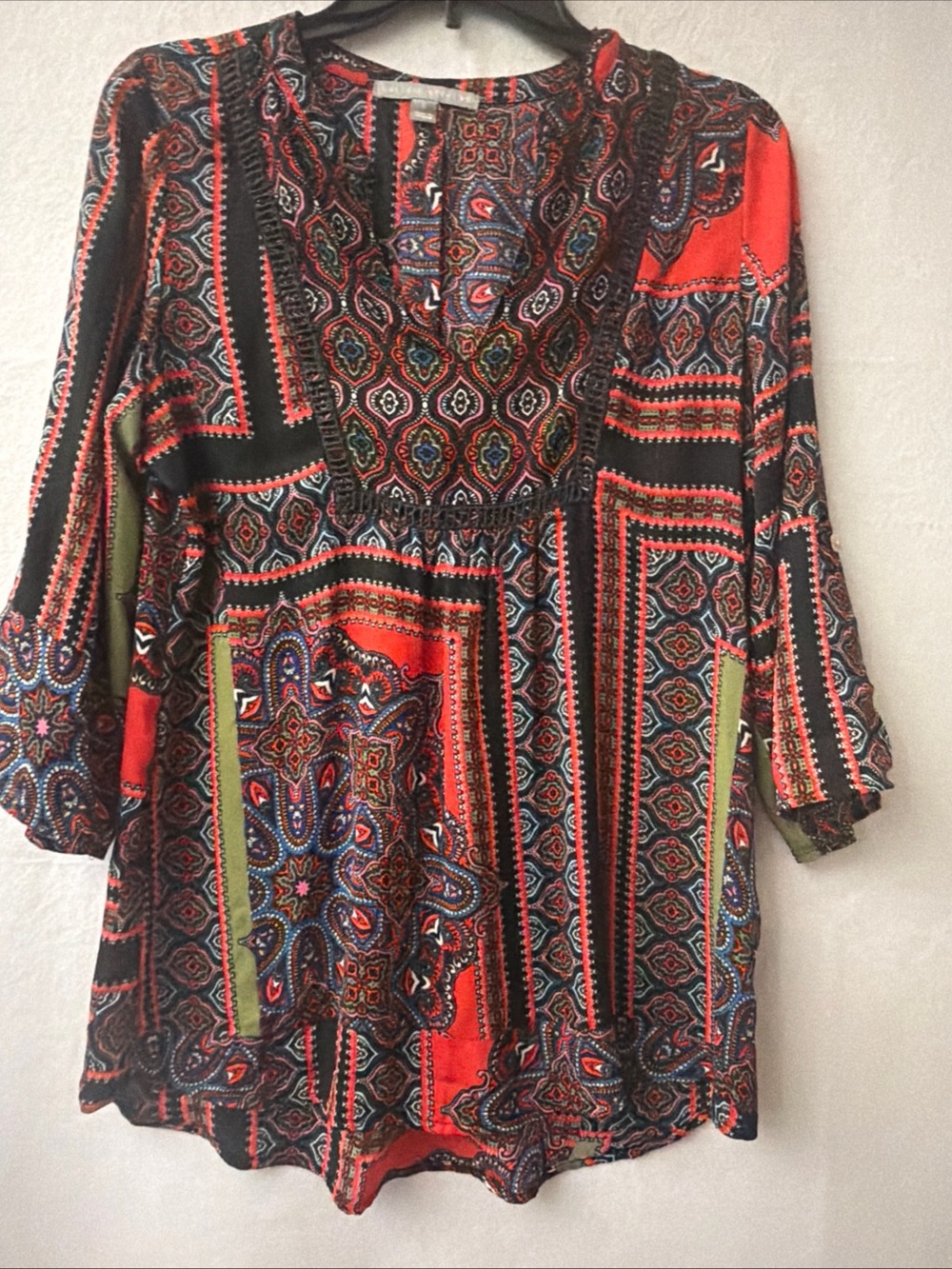 Valerie Stevens Bohemian Patchwork Print Tunic Top crochet trim moroccan, gypsy